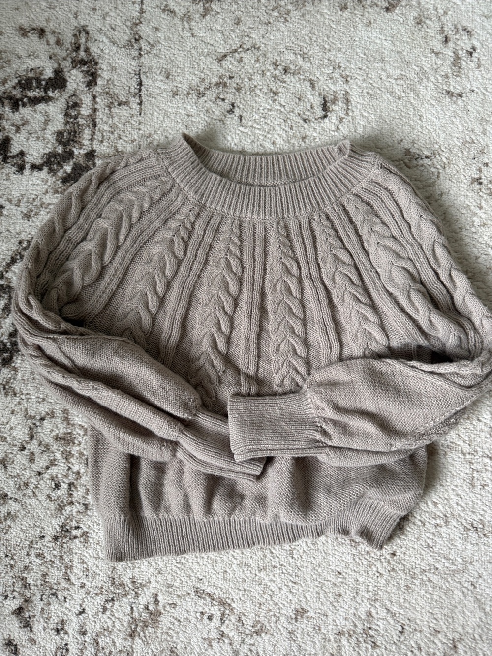 Ribbed Cable Crewneck Sweater in Taupe